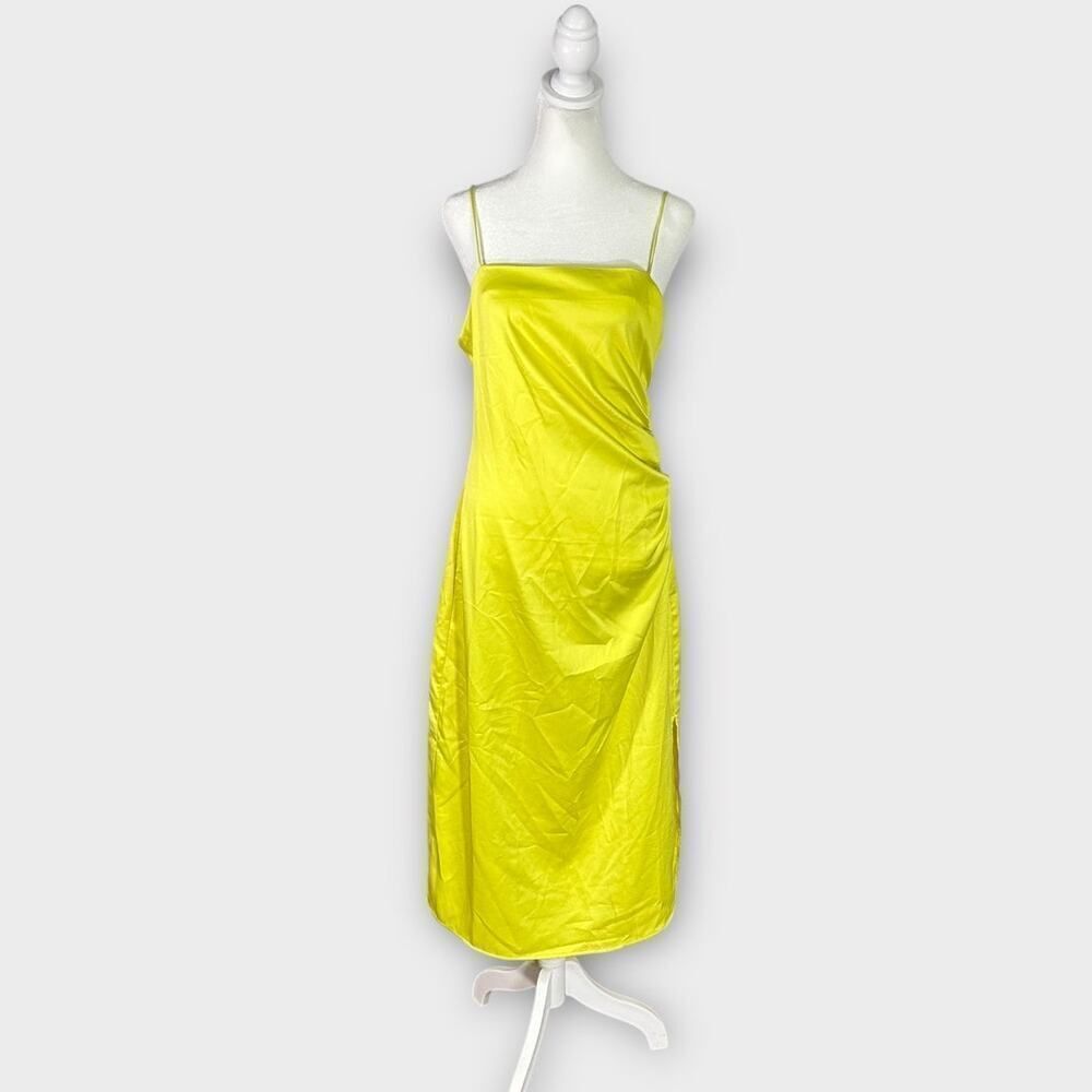 Vero Moda Midi Dress Women's Small Yellow Satin Ruched Strappy Square Neck NWT